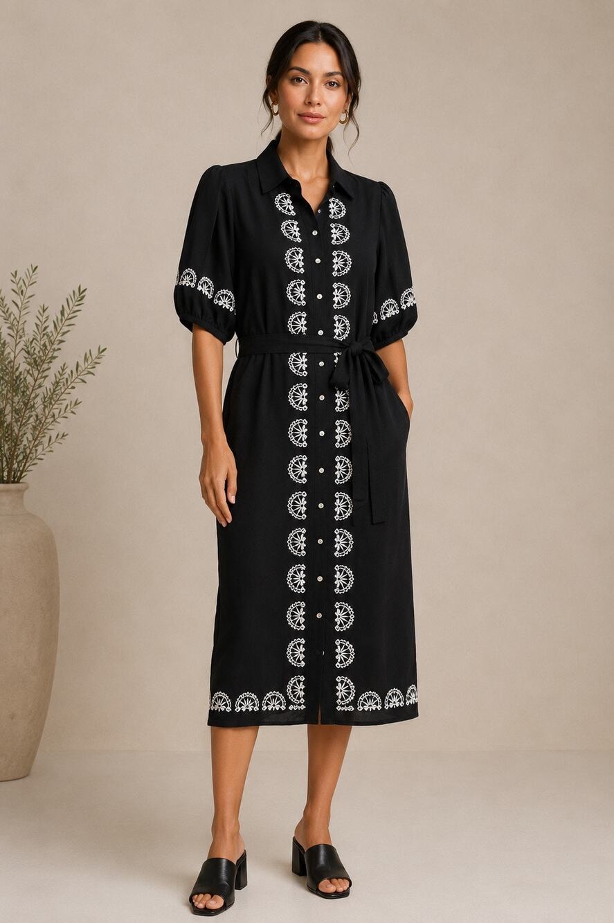 Karen Kane Embroidered Linen Blend Belted Midi Shirt Dress Black S NWT